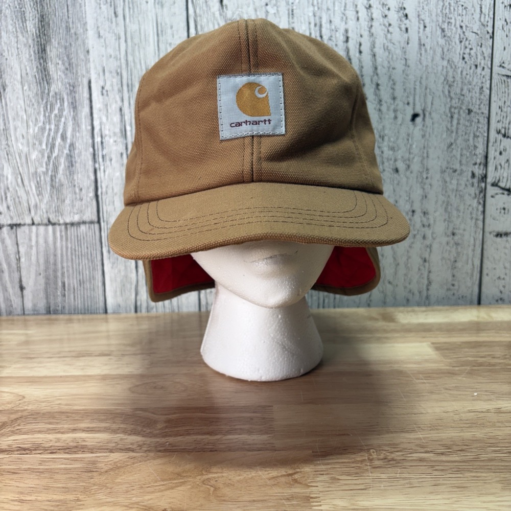 Vintage 90s Carhartt Ear Flap Cap Hat Size S Tan Quilted Workwear